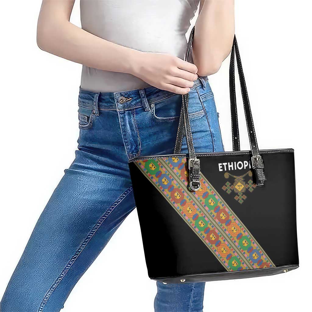 Ethiopia Saba Kemis Leather Tote Bag Sash Style Black Color