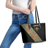 Ethiopia Saba Kemis Leather Tote Bag Sash Style Black Color
