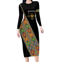 Ethiopia Saba Kemis Long Sleeve Bodycon Dress Sash Style Black Color