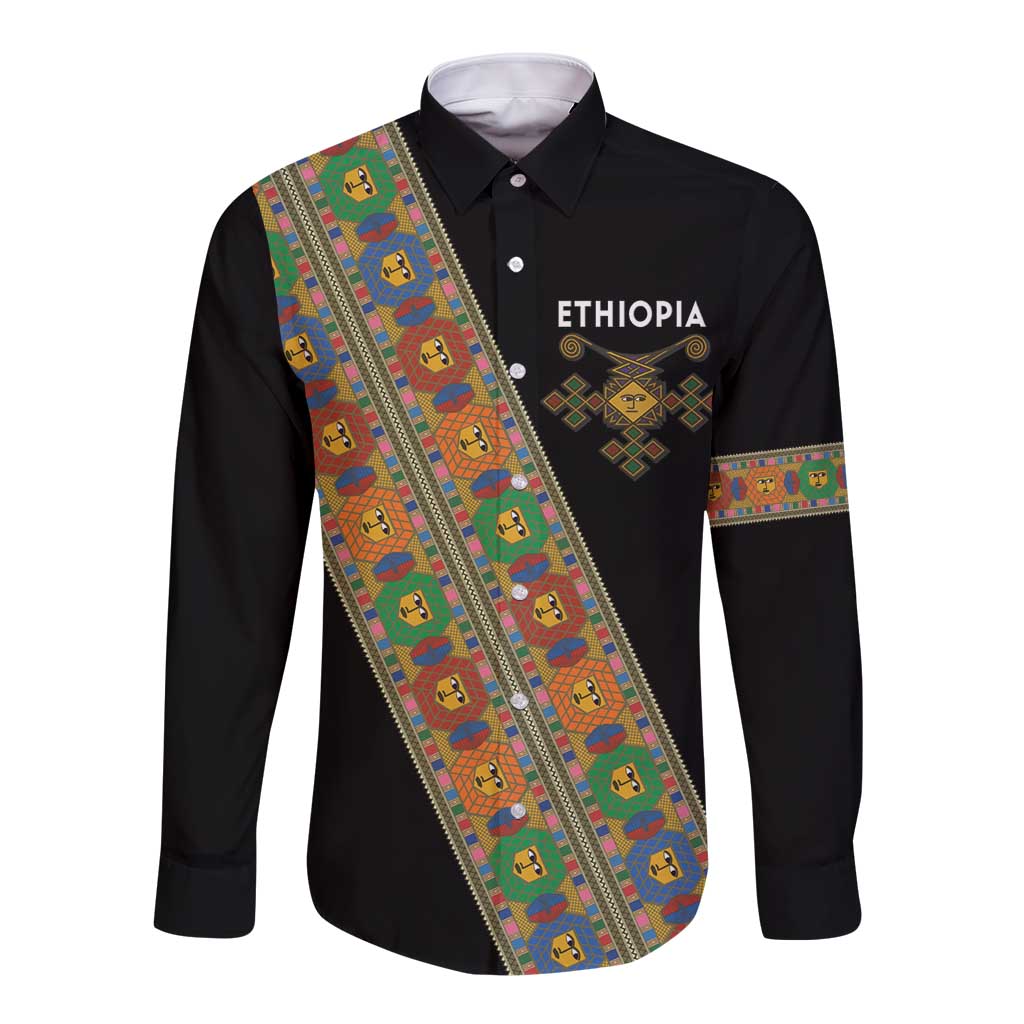 Ethiopia Saba Kemis Long Sleeve Button Shirt Sash Style Black Color
