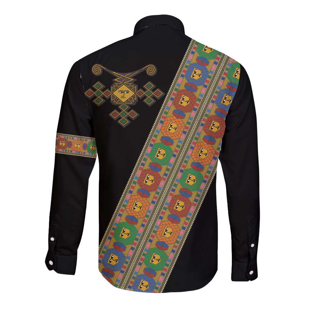 Ethiopia Saba Kemis Long Sleeve Button Shirt Sash Style Black Color