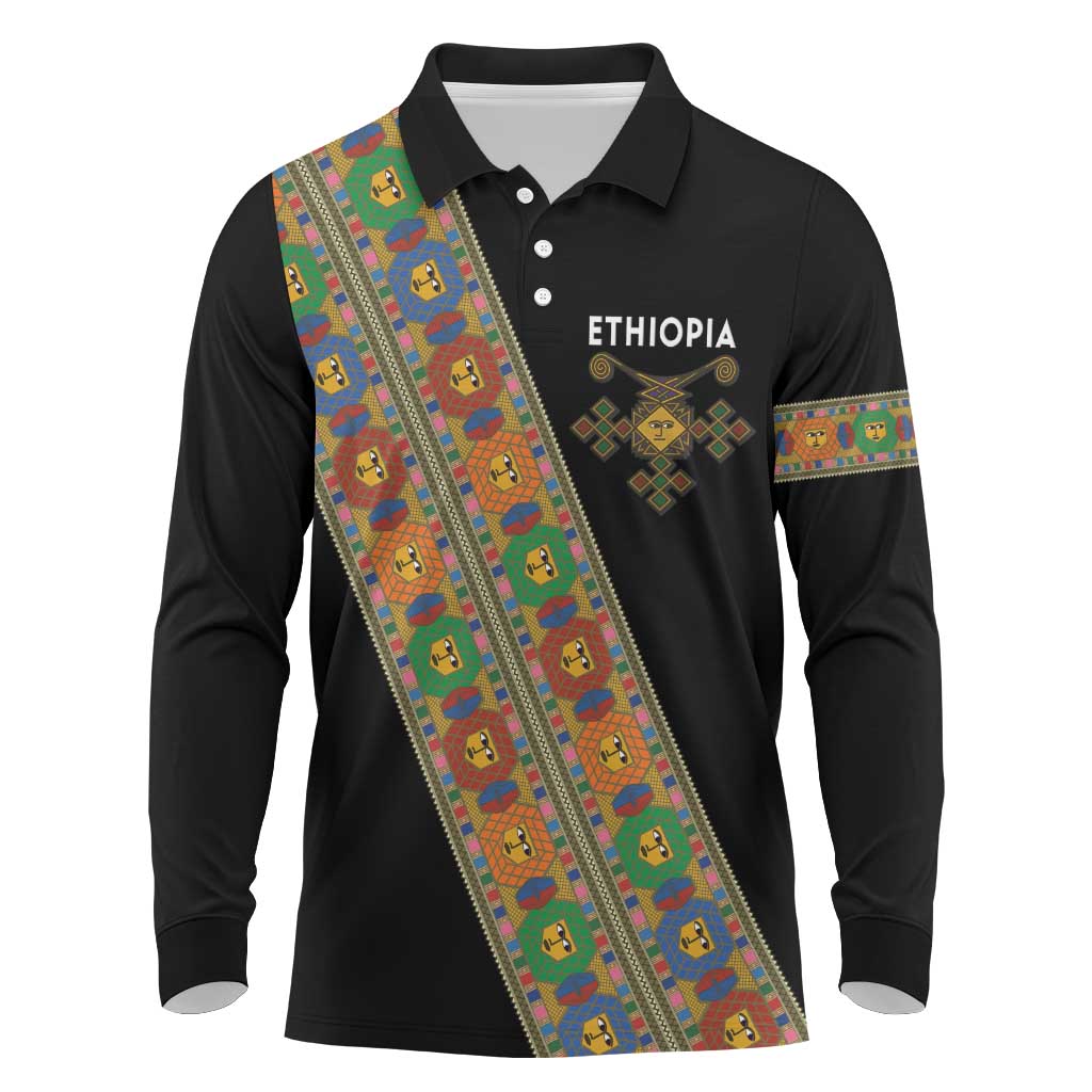 Ethiopia Saba Kemis Long Sleeve Polo Shirt Sash Style Black Color