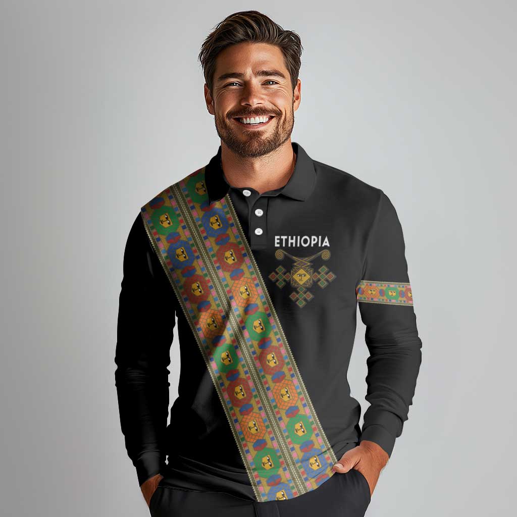 Ethiopia Saba Kemis Long Sleeve Polo Shirt Sash Style Black Color