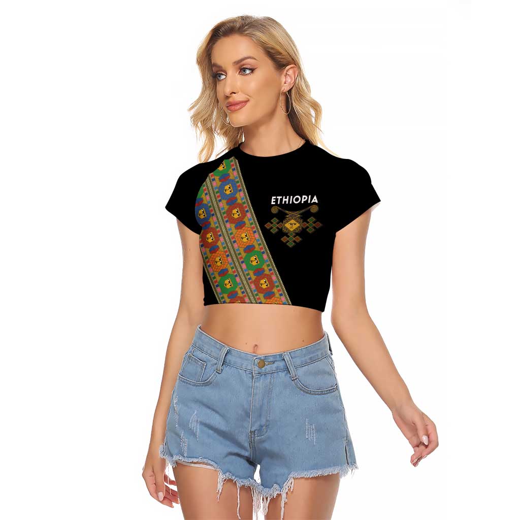 Ethiopia Saba Kemis Raglan Cropped T Shirt Sash Style Black Color