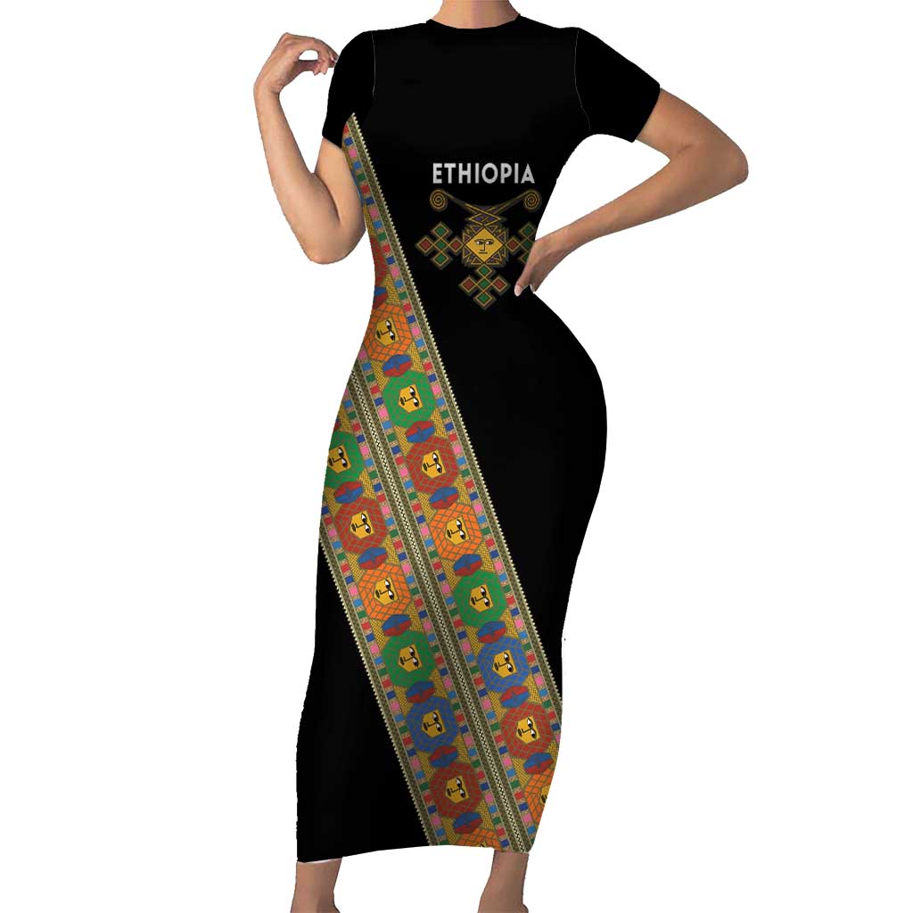 Ethiopia Saba Kemis Short Sleeve Bodycon Dress Sash Style Black Color