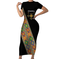 Ethiopia Saba Kemis Short Sleeve Bodycon Dress Sash Style Black Color