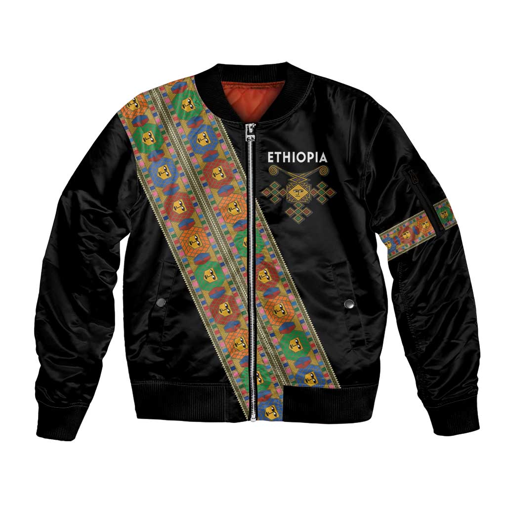 Ethiopia Saba Kemis Sleeve Zip Bomber Jacket Sash Style Black Color