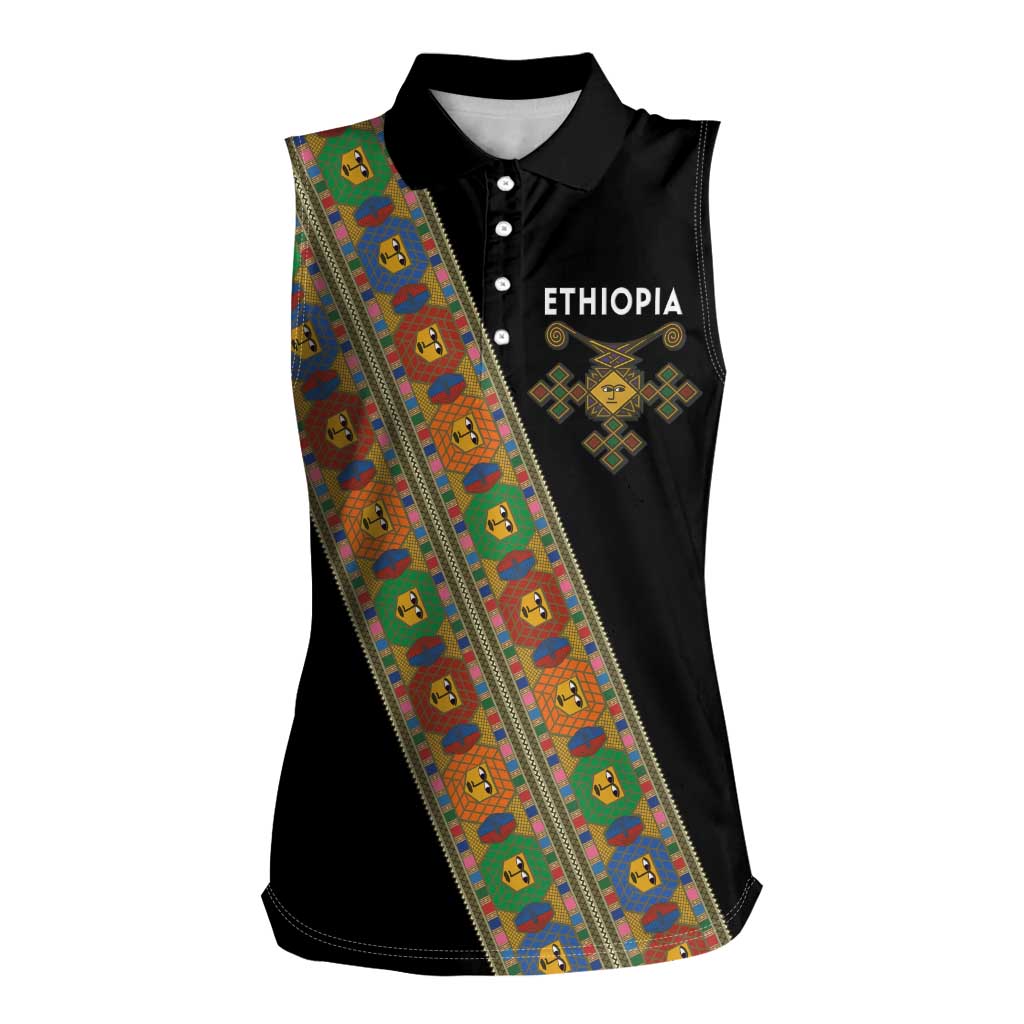Ethiopia Saba Kemis Women Sleeveless Polo Shirt Sash Style Black Color