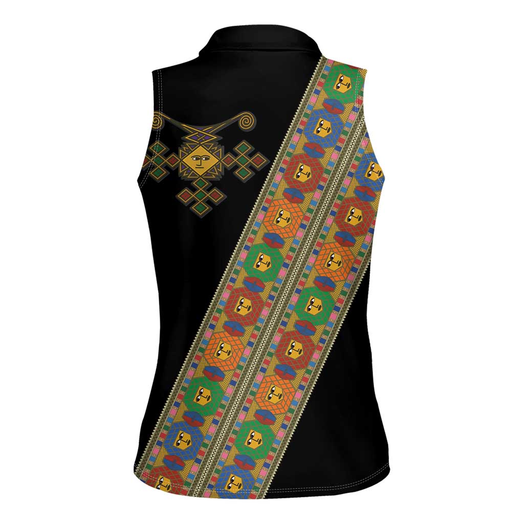 Ethiopia Saba Kemis Women Sleeveless Polo Shirt Sash Style Black Color