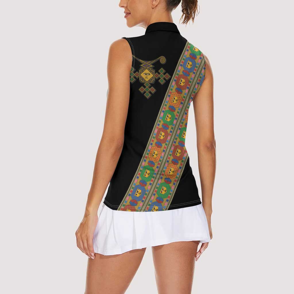 Ethiopia Saba Kemis Women Sleeveless Polo Shirt Sash Style Black Color