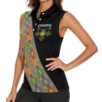Ethiopia Saba Kemis Women Sleeveless Polo Shirt Sash Style Black Color