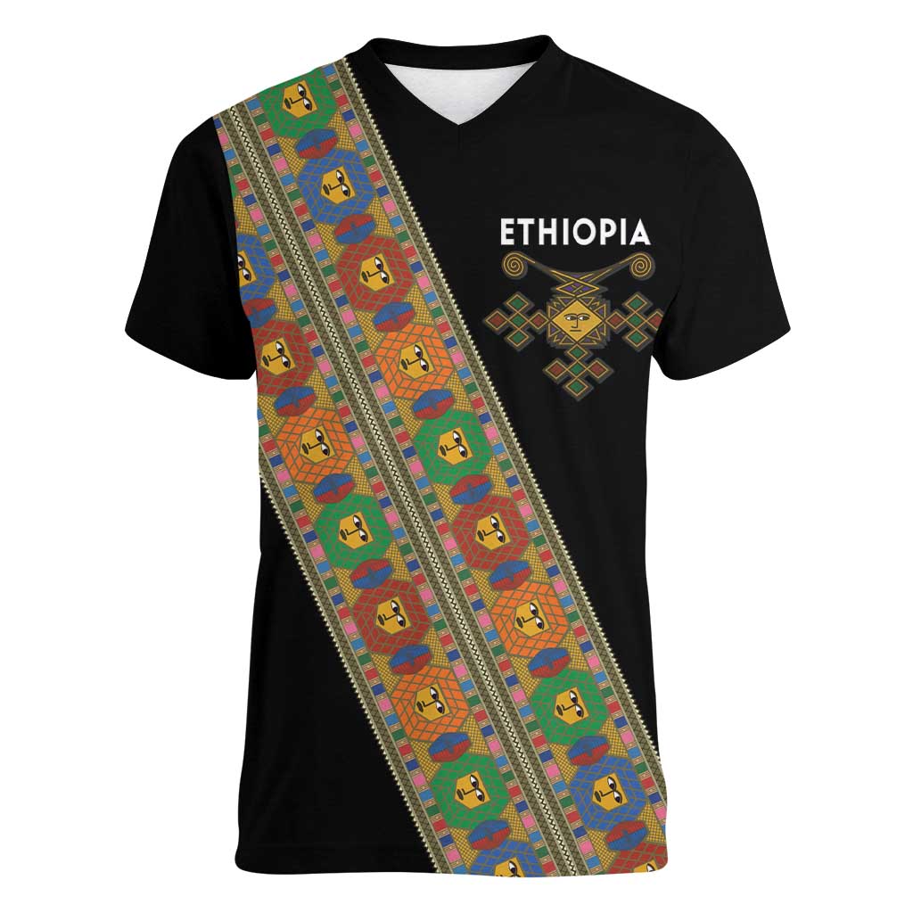 Ethiopia Saba Kemis Women V-Neck T-Shirt Sash Style Black Color