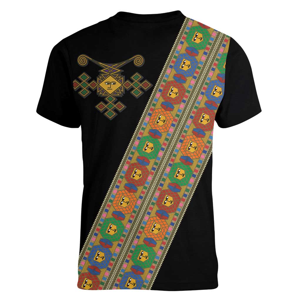 Ethiopia Saba Kemis Women V-Neck T-Shirt Sash Style Black Color