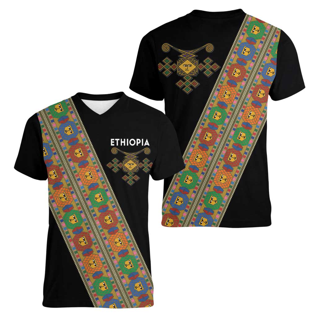 Ethiopia Saba Kemis Women V-Neck T-Shirt Sash Style Black Color