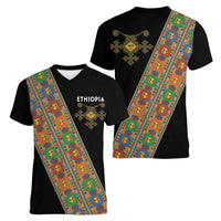 Ethiopia Saba Kemis Women V-Neck T-Shirt Sash Style Black Color