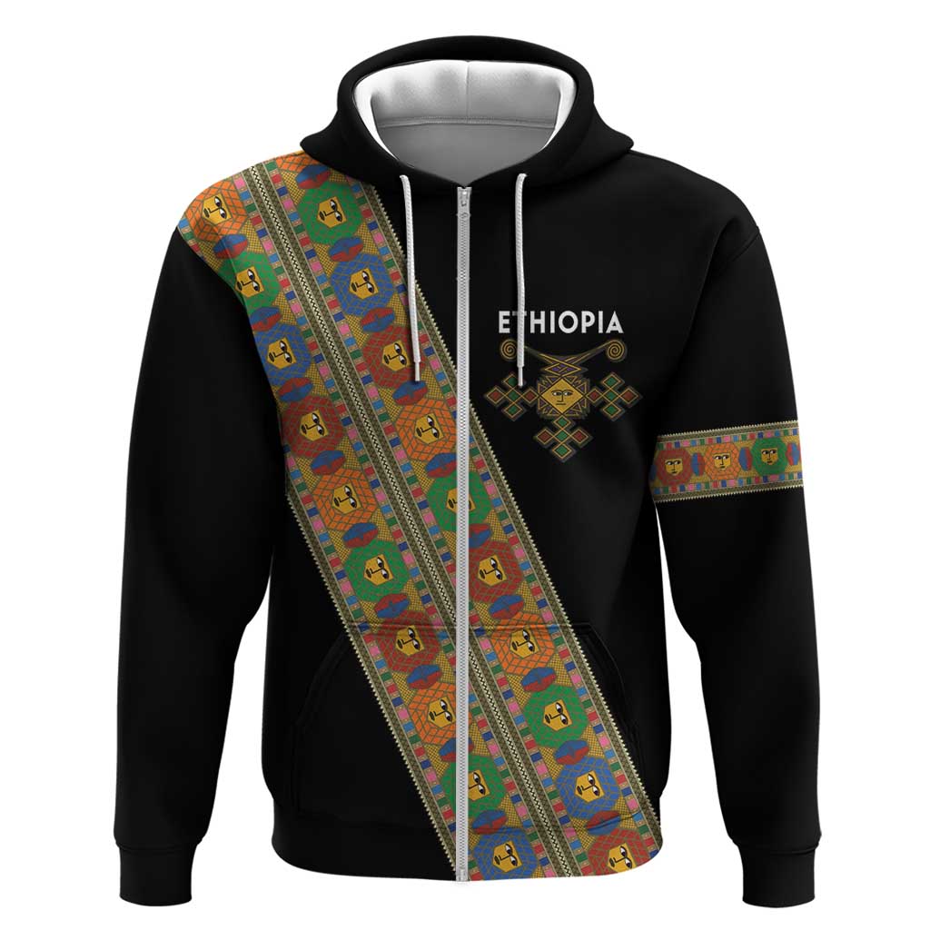 Ethiopia Saba Kemis Zip Hoodie Sash Style Black Color