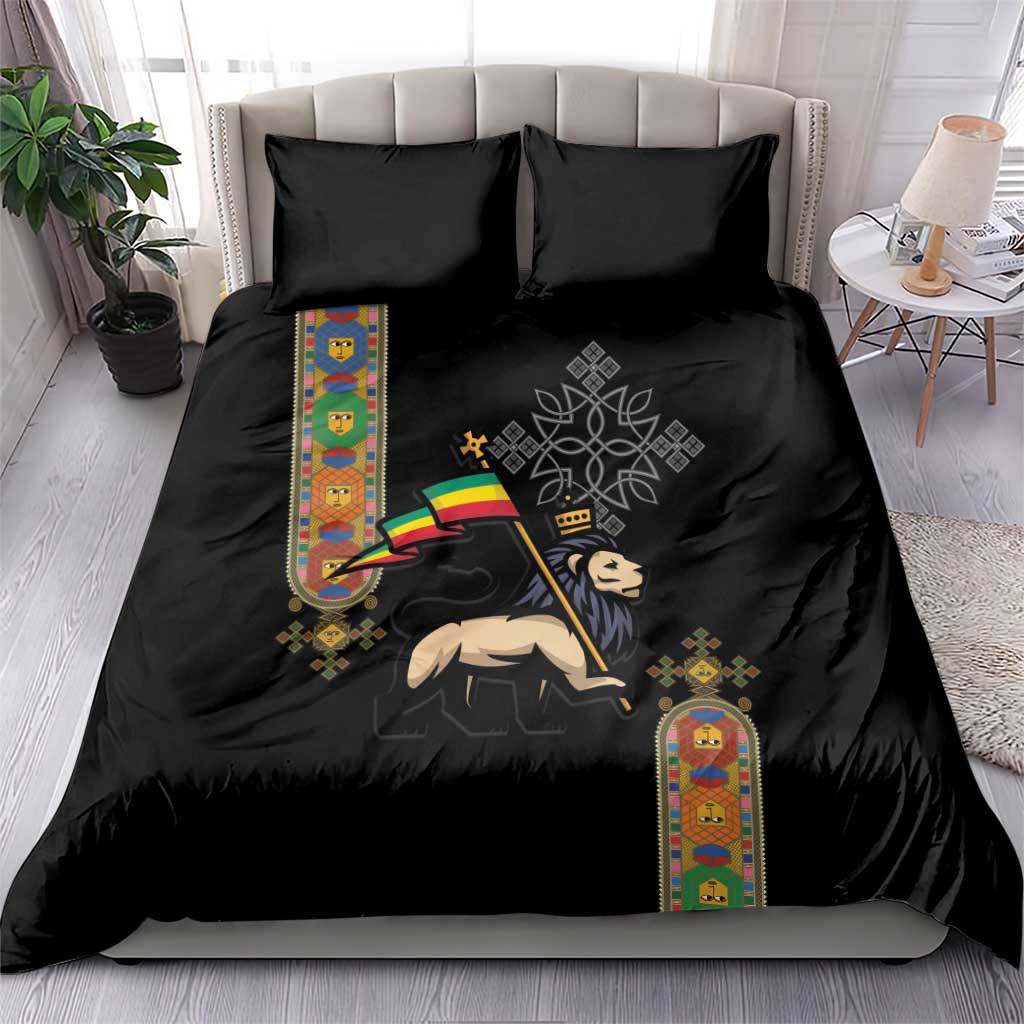 Ethiopia Saba Kemis Bedding Set Ethiopian Cross Lion Of Judah Black Color