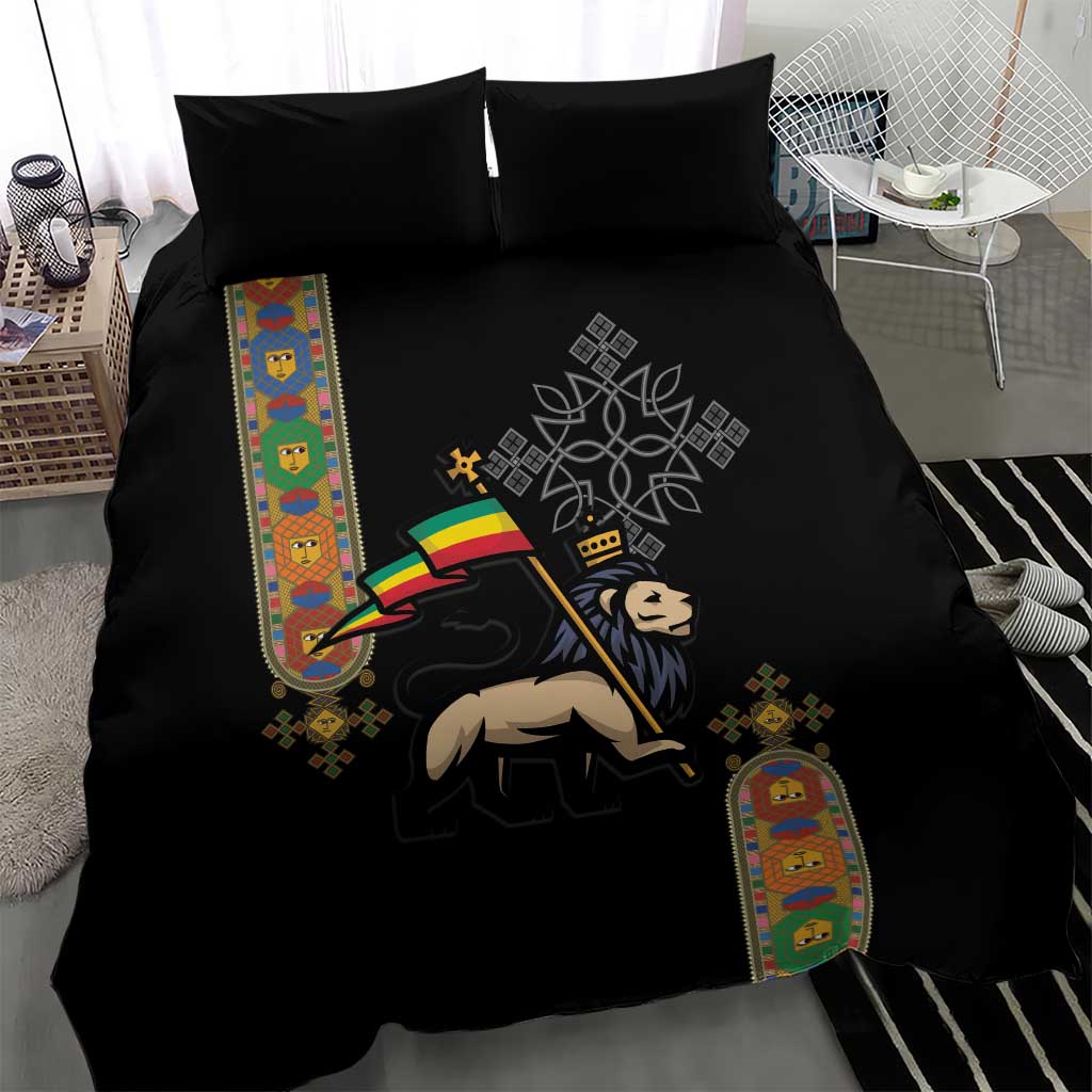 Ethiopia Saba Kemis Bedding Set Ethiopian Cross Lion Of Judah Black Color