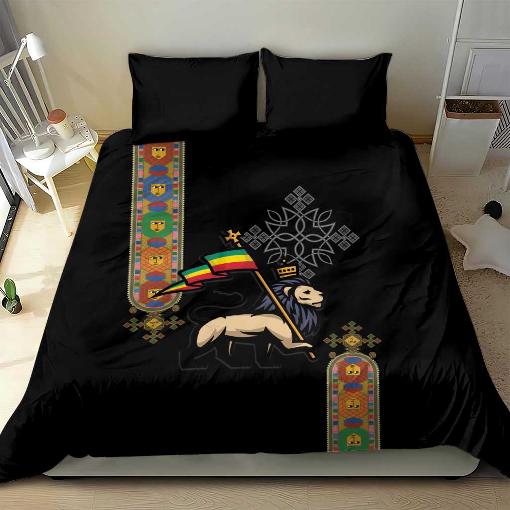 Ethiopia Saba Kemis Bedding Set Ethiopian Cross Lion Of Judah Black Color