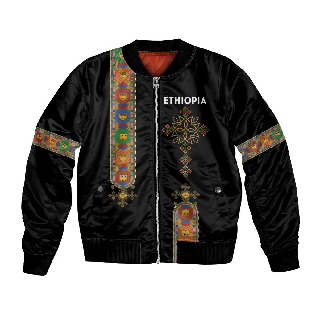 Ethiopia Saba Kemis Bomber Jacket Ethiopian Cross Lion Of Judah Black Color