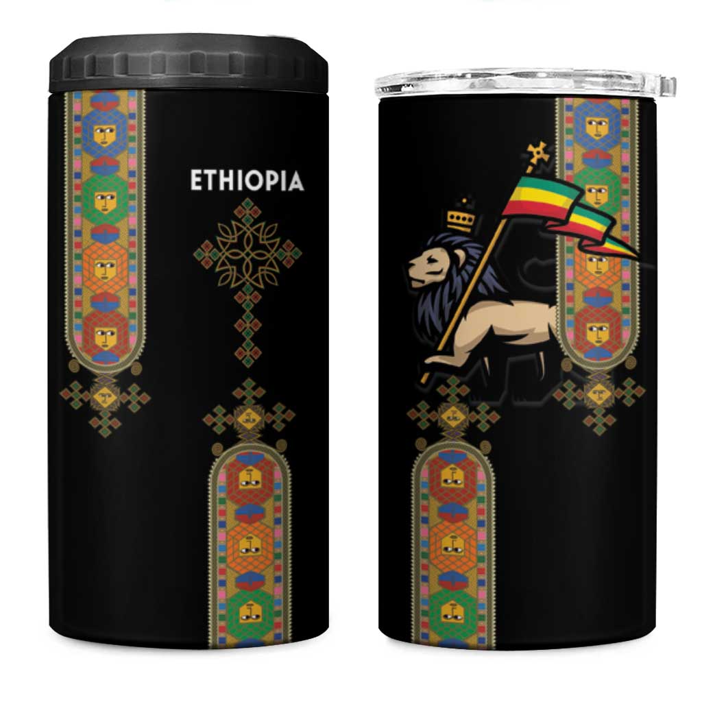 Ethiopia Saba Kemis 4 in 1 Can Cooler Tumbler Ethiopian Cross Lion Of Judah Black Color