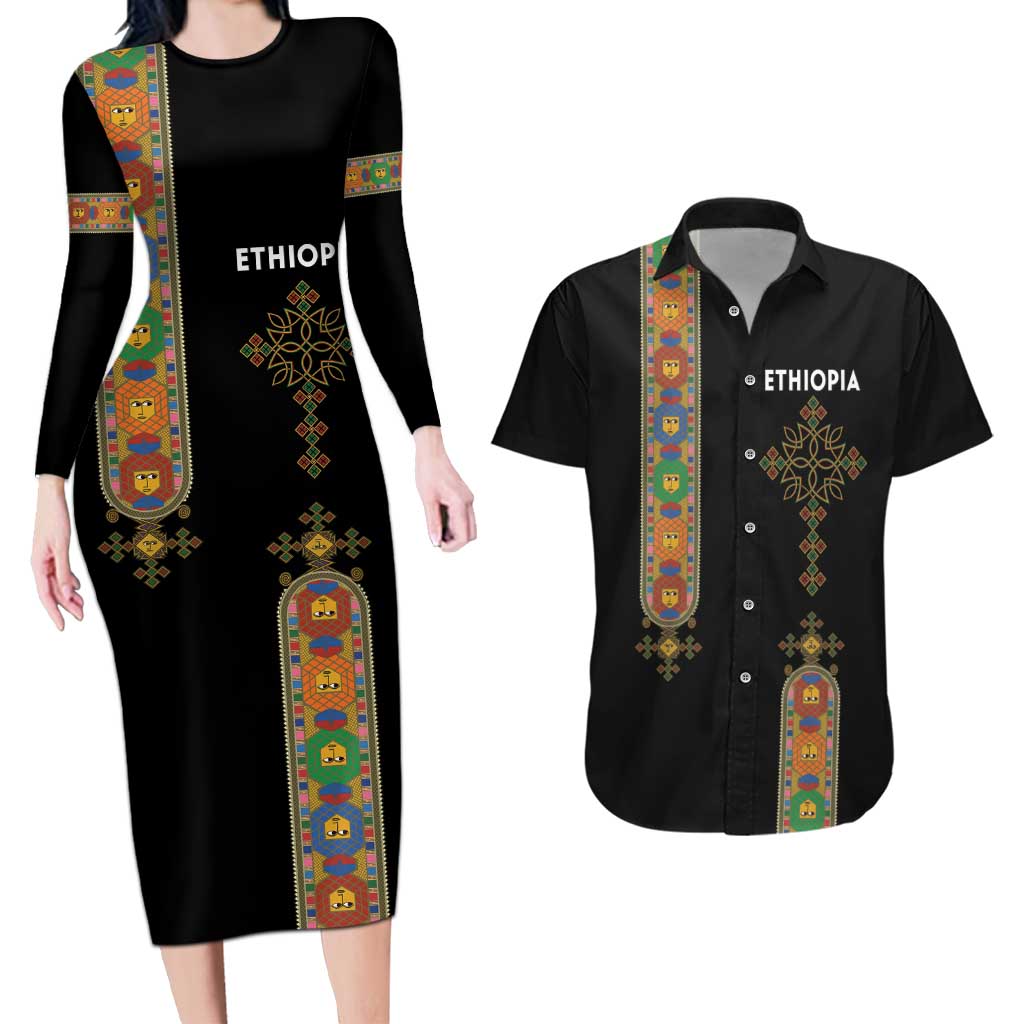 Ethiopia Saba Kemis Couples Matching Long Sleeve Bodycon Dress and Hawaiian Shirt Ethiopian Cross Lion Of Judah Black Color