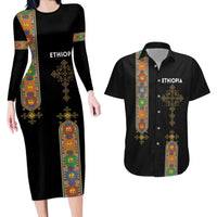 Ethiopia Saba Kemis Couples Matching Long Sleeve Bodycon Dress and Hawaiian Shirt Ethiopian Cross Lion Of Judah Black Color