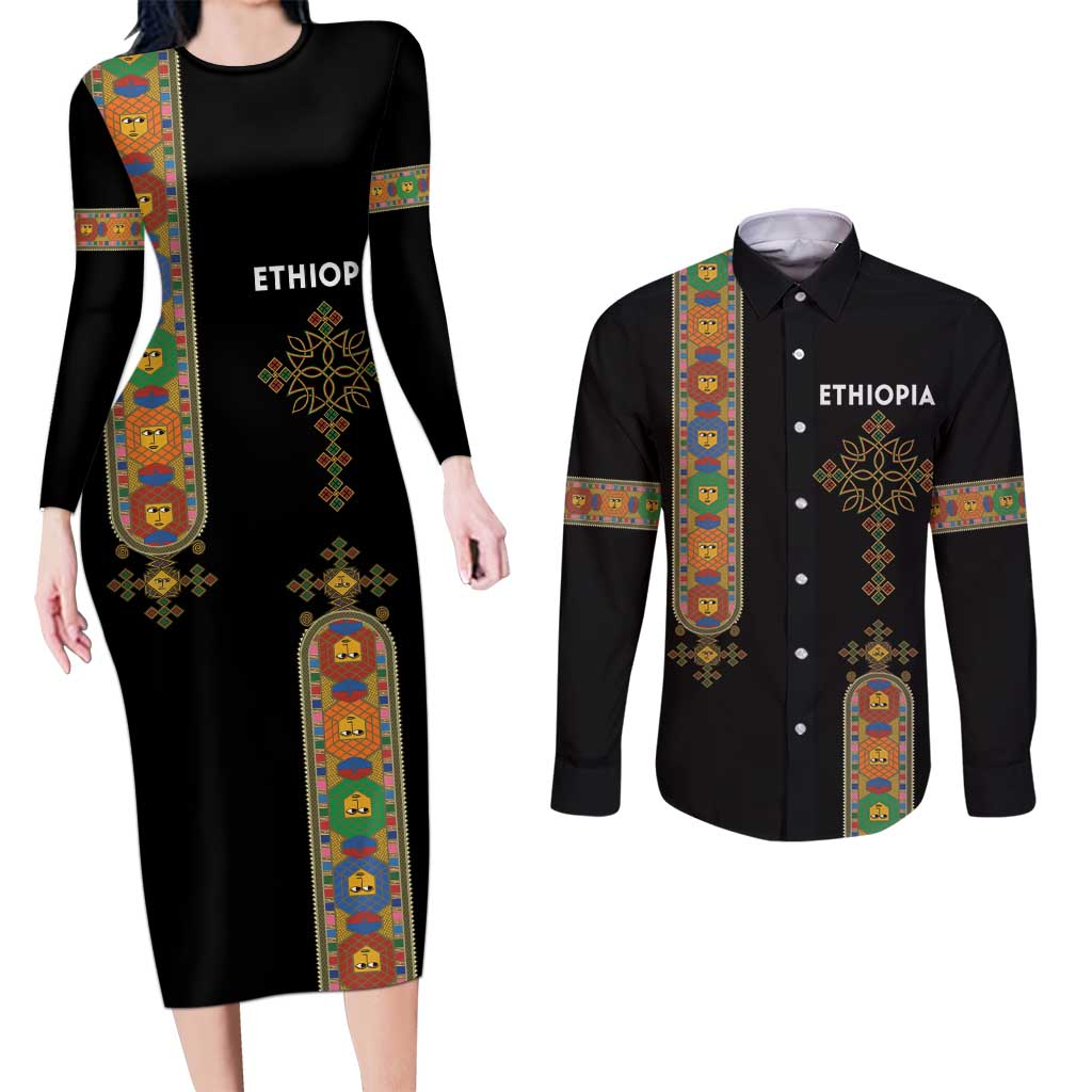 Ethiopia Saba Kemis Couples Matching Long Sleeve Bodycon Dress and Long Sleeve Button Shirt Ethiopian Cross Lion Of Judah Black Color
