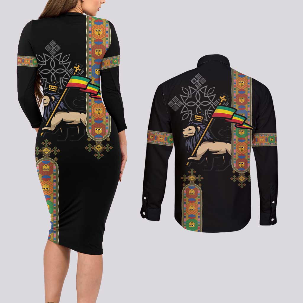 Ethiopia Saba Kemis Couples Matching Long Sleeve Bodycon Dress and Long Sleeve Button Shirt Ethiopian Cross Lion Of Judah Black Color