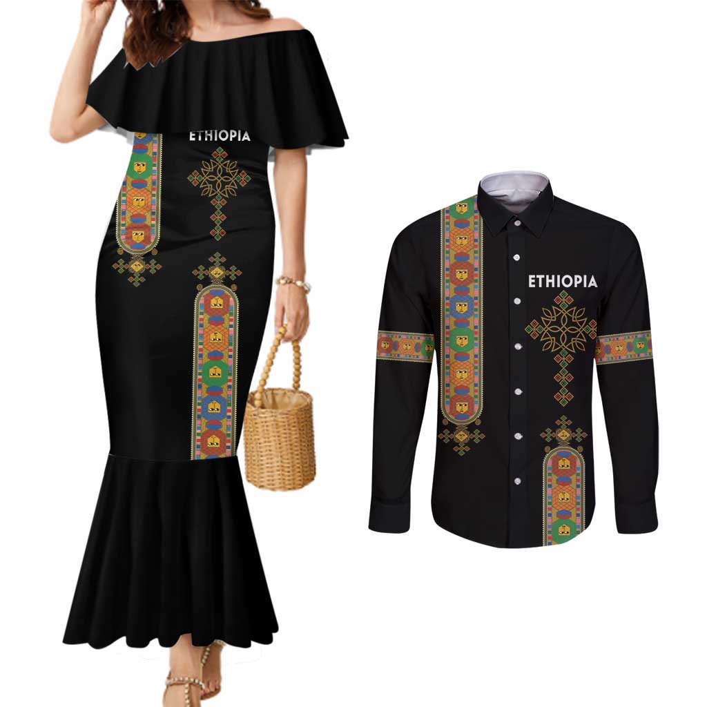 Ethiopia Saba Kemis Couples Matching Mermaid Dress and Long Sleeve Button Shirt Ethiopian Cross Lion Of Judah Black Color