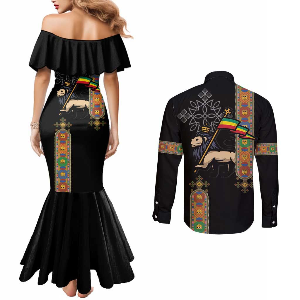 Ethiopia Saba Kemis Couples Matching Mermaid Dress and Long Sleeve Button Shirt Ethiopian Cross Lion Of Judah Black Color