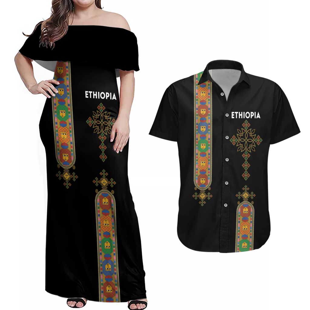 Ethiopia Saba Kemis Couples Matching Off Shoulder Maxi Dress and Hawaiian Shirt Ethiopian Cross Lion Of Judah Black Color
