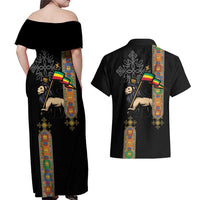Ethiopia Saba Kemis Couples Matching Off Shoulder Maxi Dress and Hawaiian Shirt Ethiopian Cross Lion Of Judah Black Color