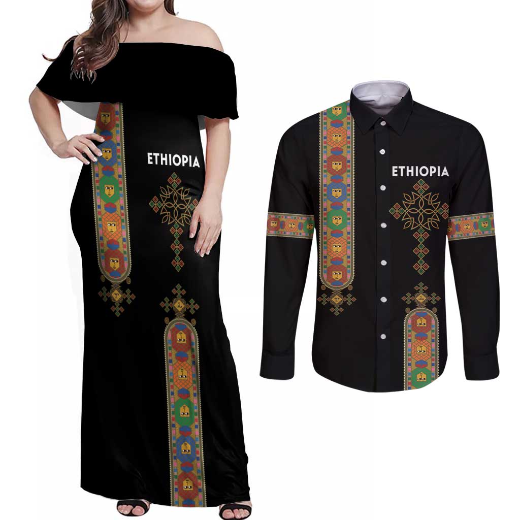 Ethiopia Saba Kemis Couples Matching Off Shoulder Maxi Dress and Long Sleeve Button Shirt Ethiopian Cross Lion Of Judah Black Color