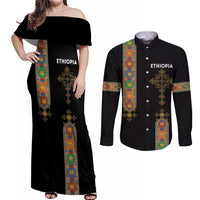 Ethiopia Saba Kemis Couples Matching Off Shoulder Maxi Dress and Long Sleeve Button Shirt Ethiopian Cross Lion Of Judah Black Color
