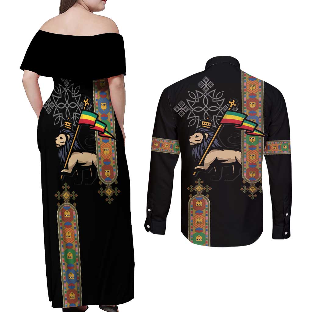 Ethiopia Saba Kemis Couples Matching Off Shoulder Maxi Dress and Long Sleeve Button Shirt Ethiopian Cross Lion Of Judah Black Color