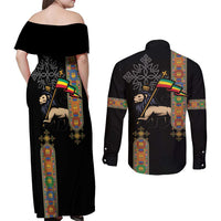 Ethiopia Saba Kemis Couples Matching Off Shoulder Maxi Dress and Long Sleeve Button Shirt Ethiopian Cross Lion Of Judah Black Color