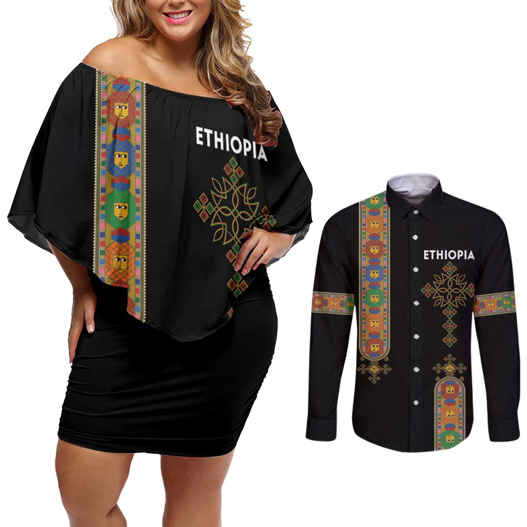 Ethiopia Saba Kemis Couples Matching Off Shoulder Short Dress and Long Sleeve Button Shirt Ethiopian Cross Lion Of Judah Black Color