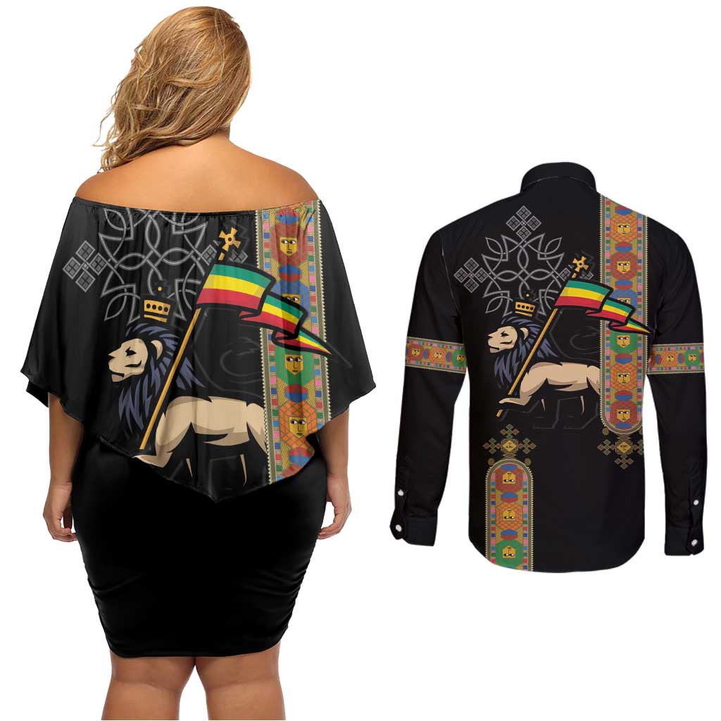 Ethiopia Saba Kemis Couples Matching Off Shoulder Short Dress and Long Sleeve Button Shirt Ethiopian Cross Lion Of Judah Black Color