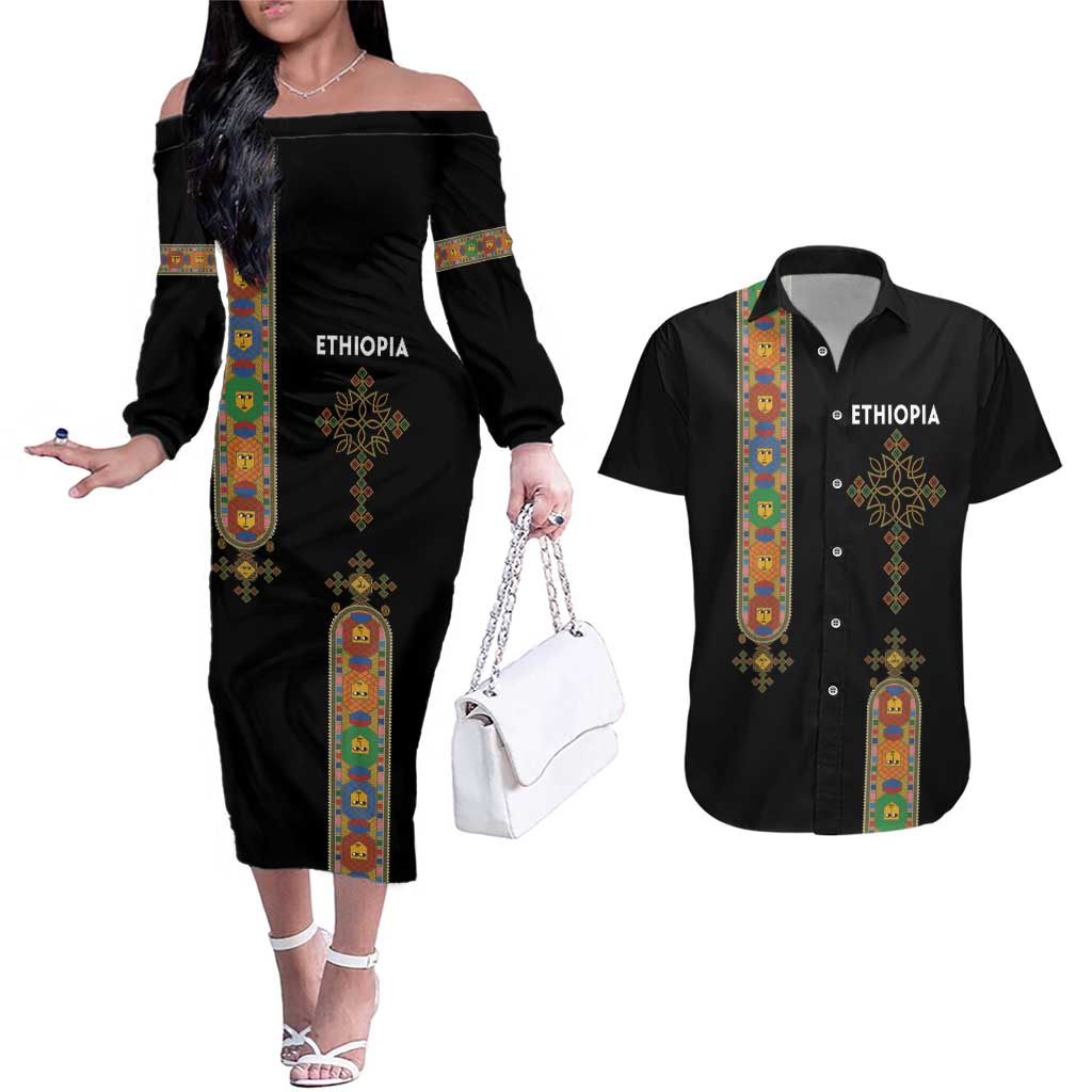 Ethiopia Saba Kemis Couples Matching Off The Shoulder Long Sleeve Dress and Hawaiian Shirt Ethiopian Cross Lion Of Judah Black Color