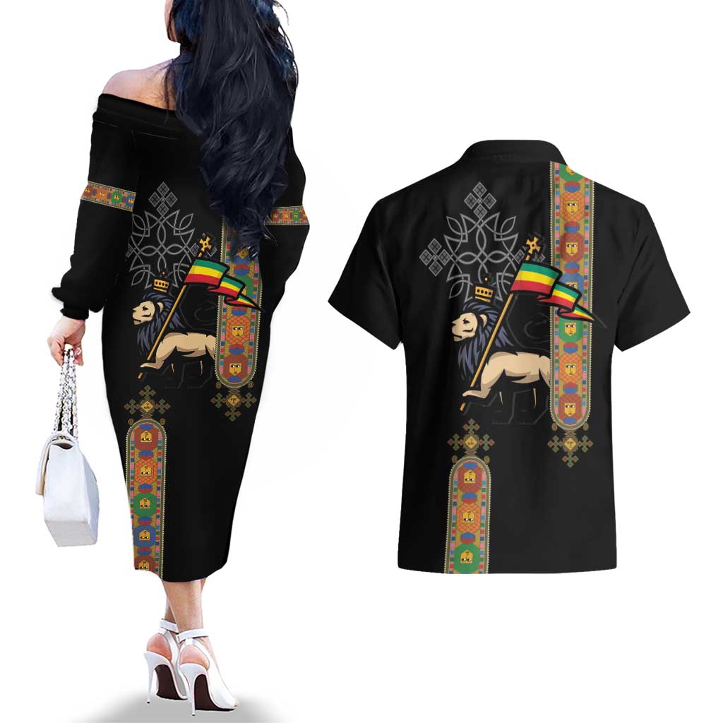 Ethiopia Saba Kemis Couples Matching Off The Shoulder Long Sleeve Dress and Hawaiian Shirt Ethiopian Cross Lion Of Judah Black Color