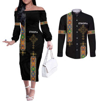 Ethiopia Saba Kemis Couples Matching Off The Shoulder Long Sleeve Dress and Long Sleeve Button Shirt Ethiopian Cross Lion Of Judah Black Color