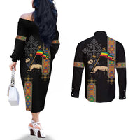 Ethiopia Saba Kemis Couples Matching Off The Shoulder Long Sleeve Dress and Long Sleeve Button Shirt Ethiopian Cross Lion Of Judah Black Color