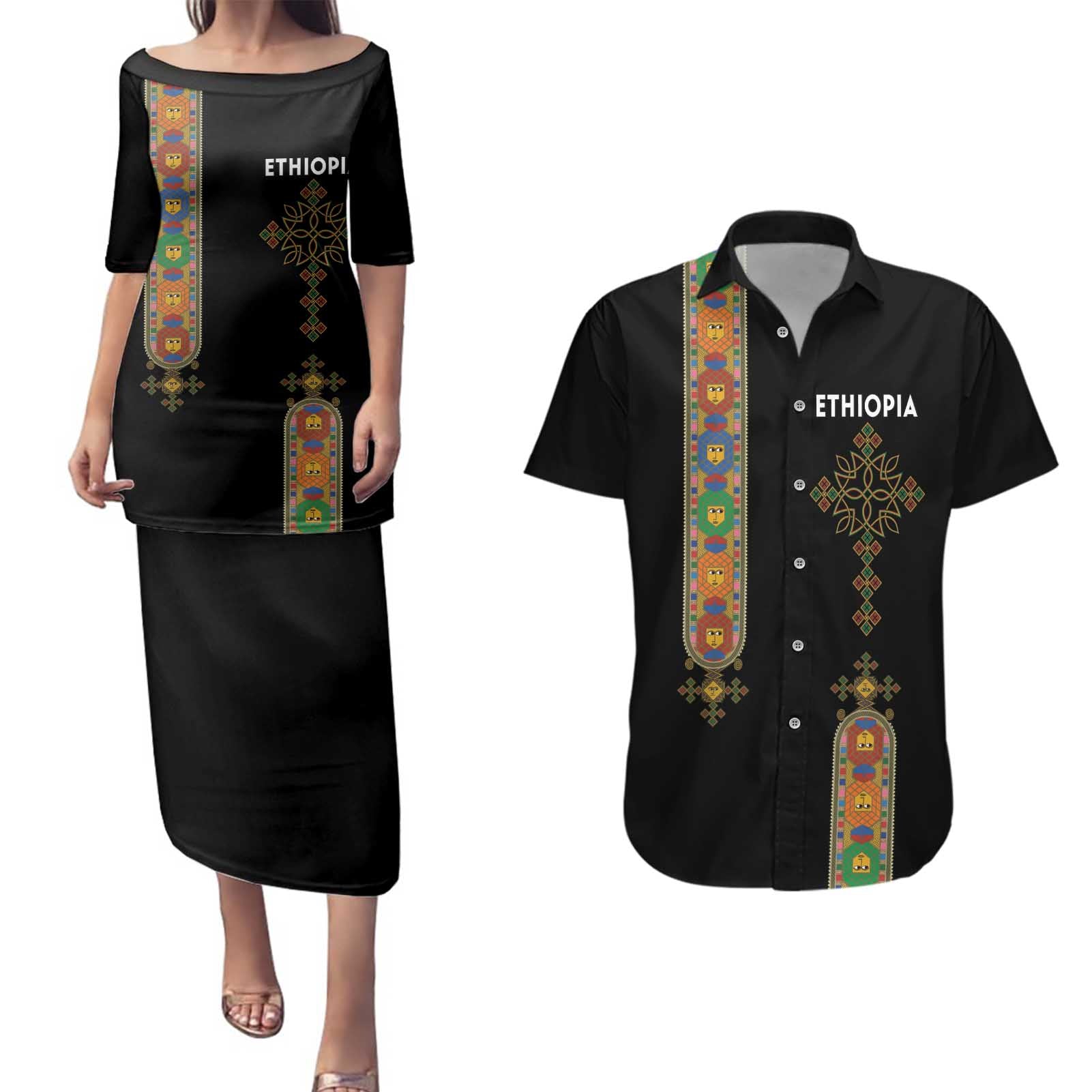 Ethiopia Saba Kemis Couples Matching Puletasi and Hawaiian Shirt Ethiopian Cross Lion Of Judah Black Color