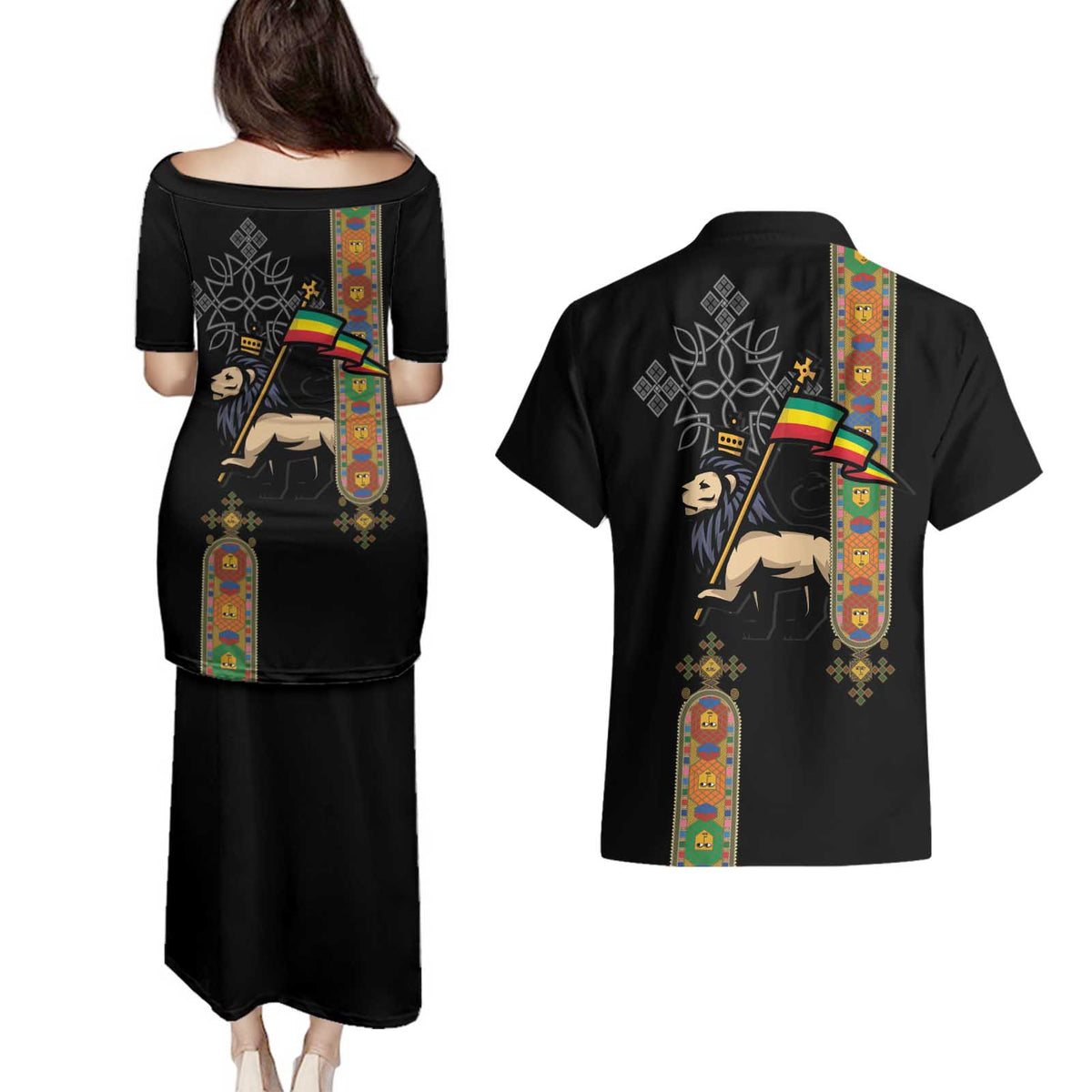 Ethiopia Saba Kemis Couples Matching Puletasi and Hawaiian Shirt Ethiopian Cross Lion Of Judah Black Color