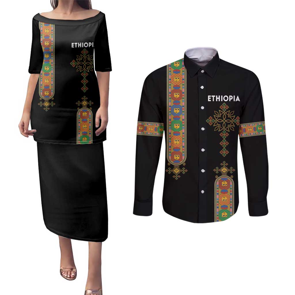 Ethiopia Saba Kemis Couples Matching Puletasi and Long Sleeve Button Shirt Ethiopian Cross Lion Of Judah Black Color