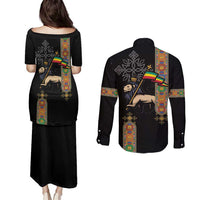 Ethiopia Saba Kemis Couples Matching Puletasi and Long Sleeve Button Shirt Ethiopian Cross Lion Of Judah Black Color