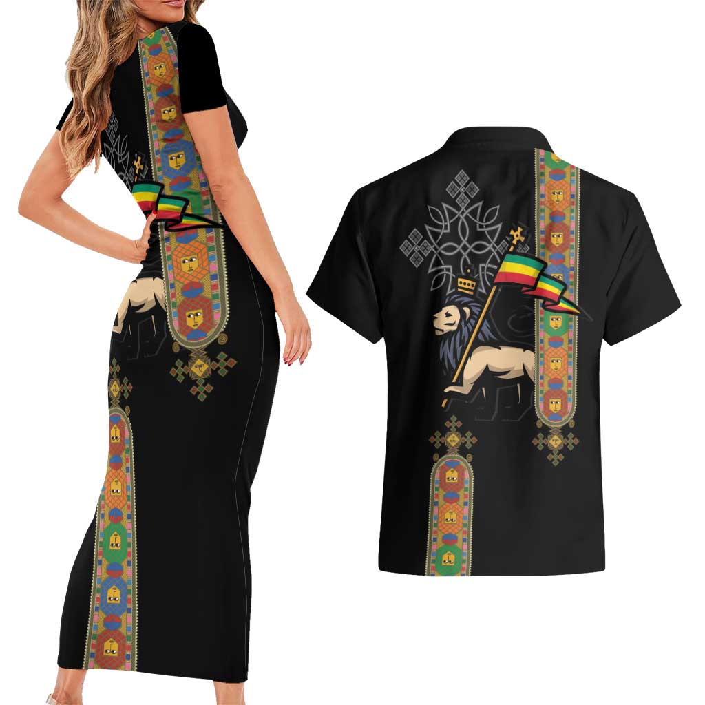 Ethiopia Saba Kemis Couples Matching Short Sleeve Bodycon Dress and Hawaiian Shirt Ethiopian Cross Lion Of Judah Black Color