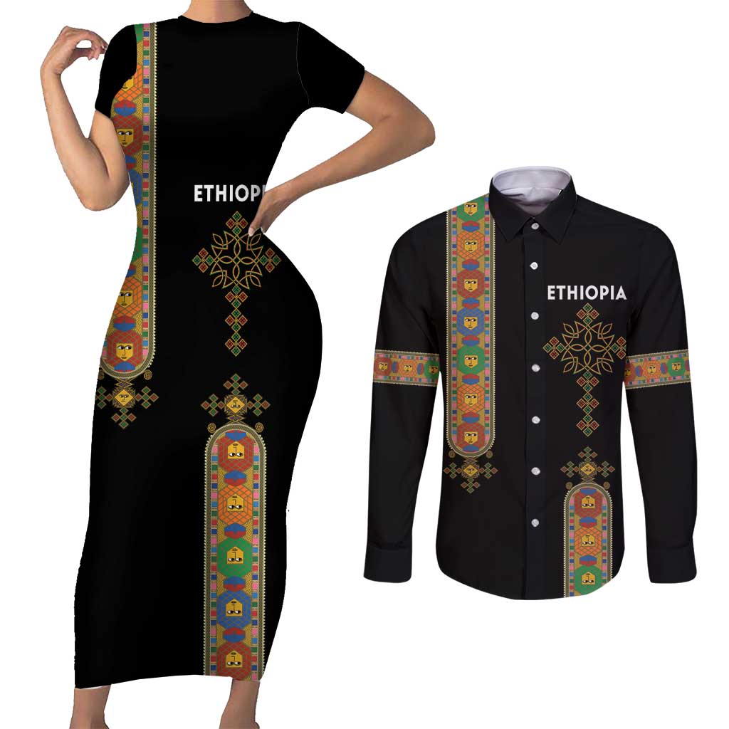 Ethiopia Saba Kemis Couples Matching Short Sleeve Bodycon Dress and Long Sleeve Button Shirt Ethiopian Cross Lion Of Judah Black Color