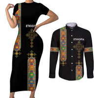 Ethiopia Saba Kemis Couples Matching Short Sleeve Bodycon Dress and Long Sleeve Button Shirt Ethiopian Cross Lion Of Judah Black Color